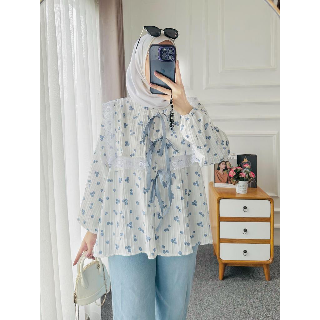 Ella Blouse Sailor Aksen Pita Atasan Wanita Lengan Kerut Bahan Ladycrush Premium