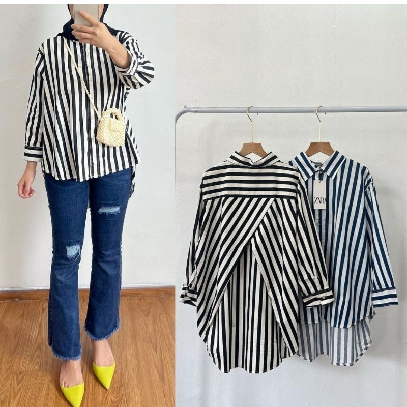 Kemeja Blouse Rayon Salur Stripe Wanita Oversize Silang Belakang Baju Atasan Nyaman Korea Style