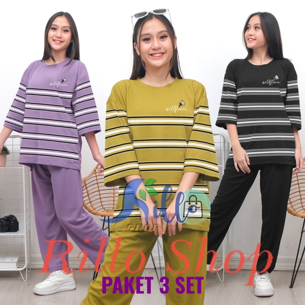 RILLO - PAKET HEMAT 3 SET !!! Setelan Ld 120 Wanita Jumbo Stripes Combi