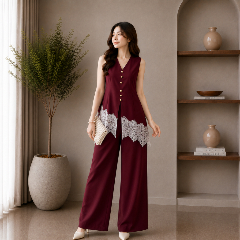 Maharani One Set Vest Dan Celana - Setelan Wanita Kombinasi Renda