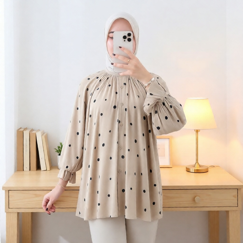 DAVINA Blouse Rayon Motif Atasan Polkadot Wanita Dewasa Kemeja Kekinian Adem Busui