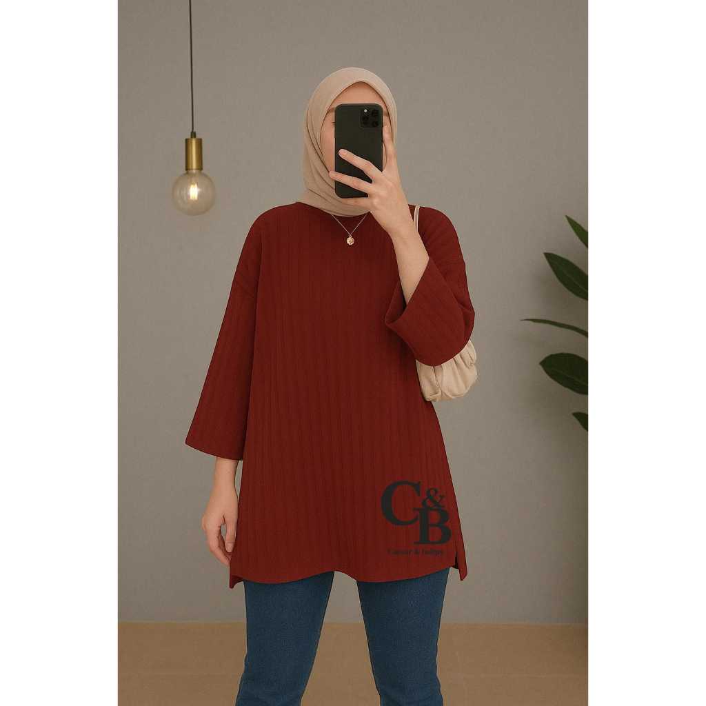 oversize matt knit hornets atasan tunik lengan 7/8