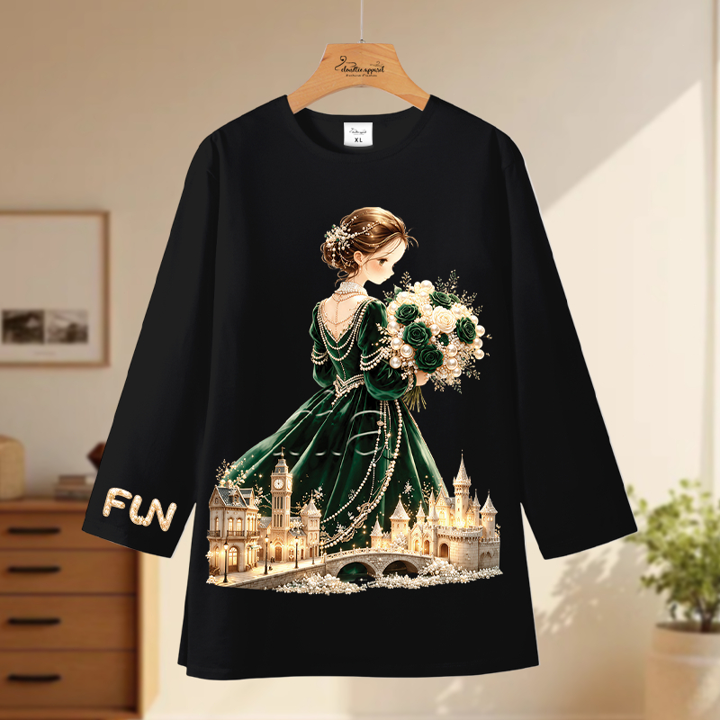 Cloud Tee - Kaos Oversize Lengan 7/8 | Motif Digital Print Elegant Princess | Korean Style | Casual