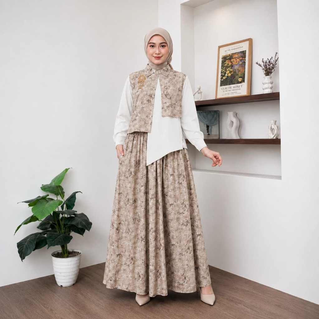 Kirana - Setelan Rok Muslim Wanita Marbella Primium - Baju Kemeja + Rok pPanjang Bunga Model Terbaru