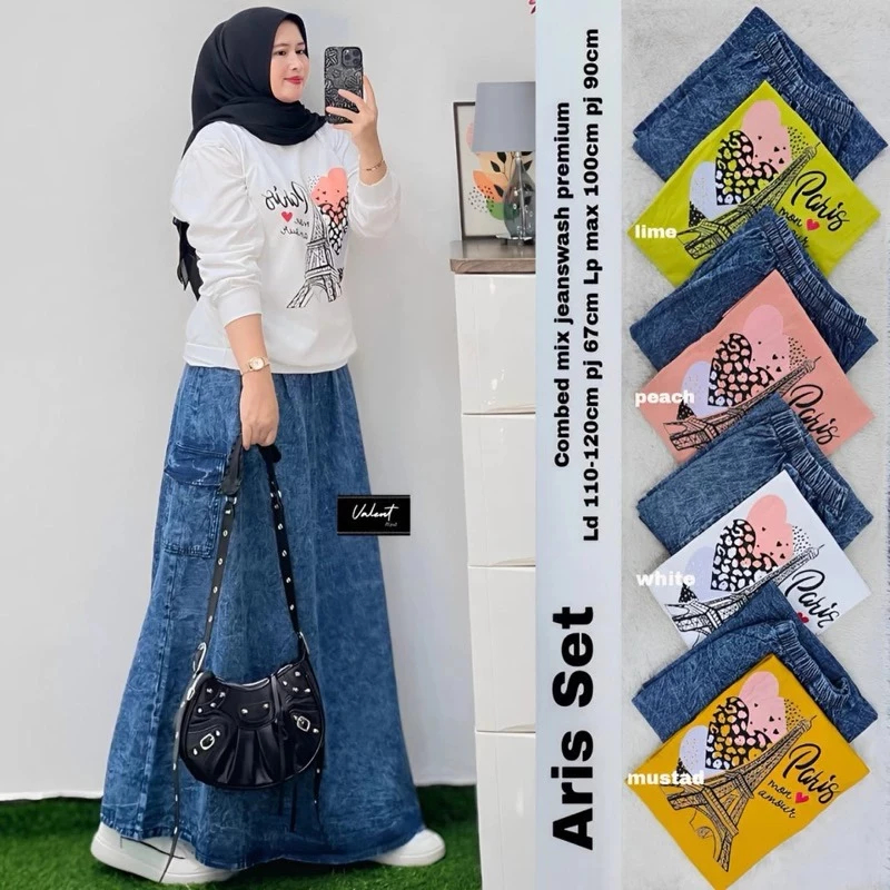 Set Rok Jeans Mix Combad Paris Wanita Kekinian  Setelan Rok Wanita Kekinian Terbaru