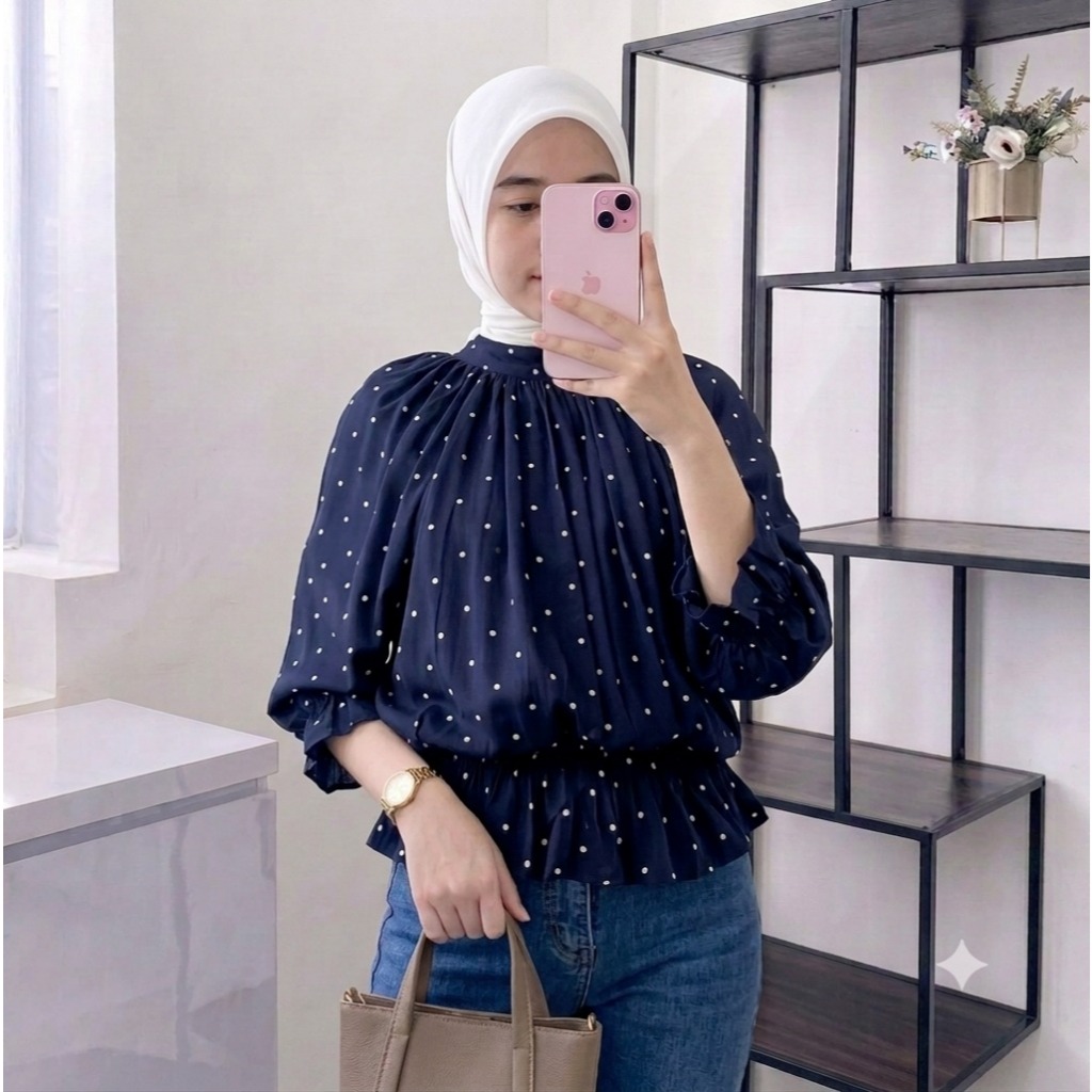 Blouse Wanita Rayon Kerah Tinggi Polka Rayon viscos