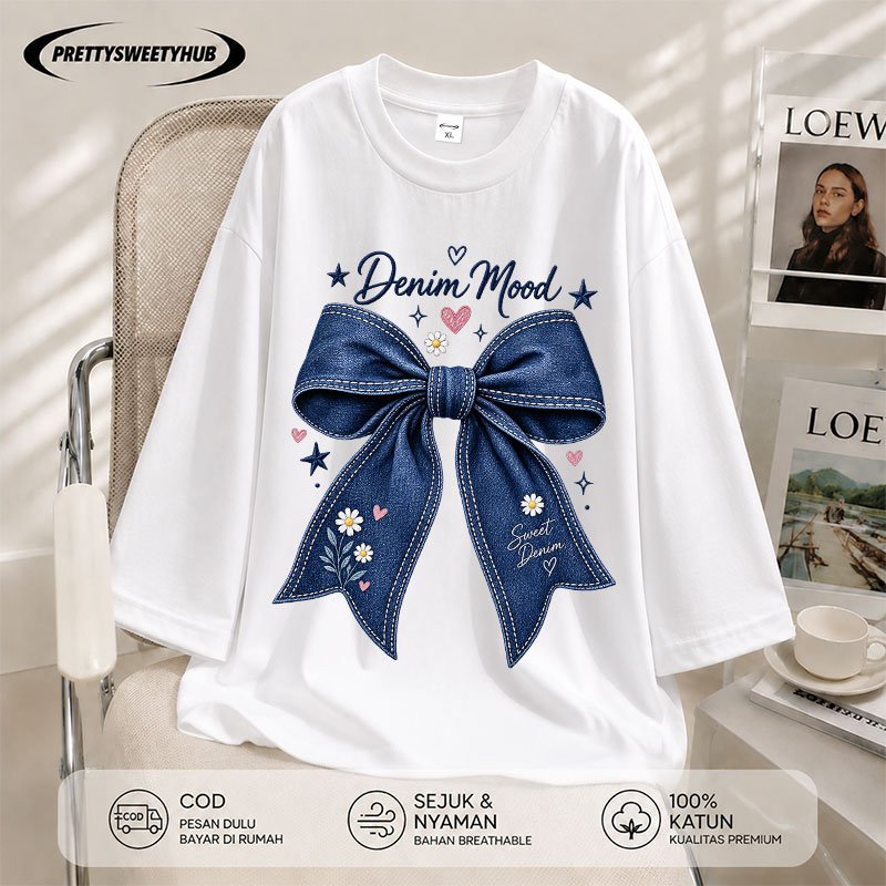 Pretty Sweety Hub - Kaos Wanita Oversize Lengan 7/8 Motif Pita & Bunga Daisy Korean Style 100% Cotto