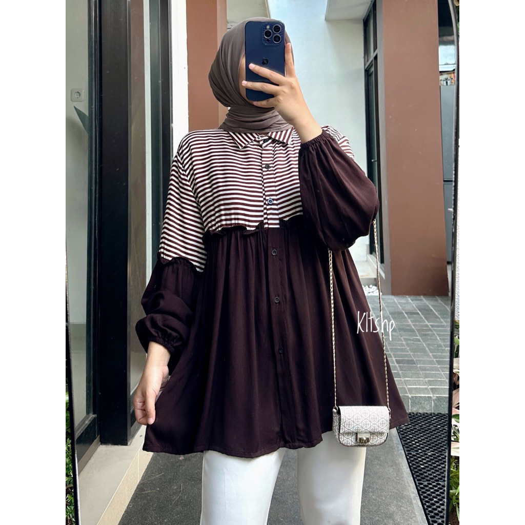 KLT - Blouse Wanita Lengan Panjang Salur Kombinasi Atasan Kemeja Wanita Stripe Rayon HEILA
