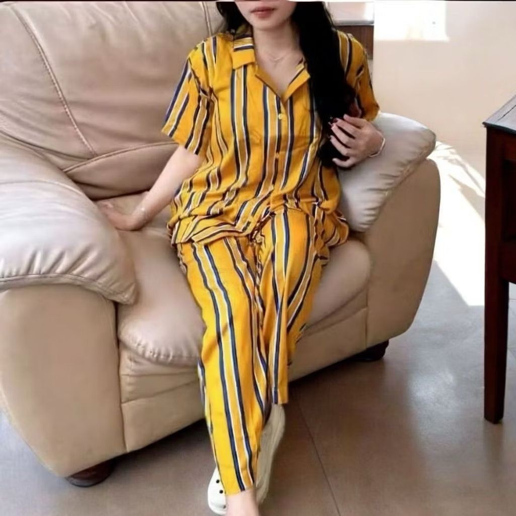 Baju tidur piyama wanita motif lengan pendekdan setelan celana bawah panjang