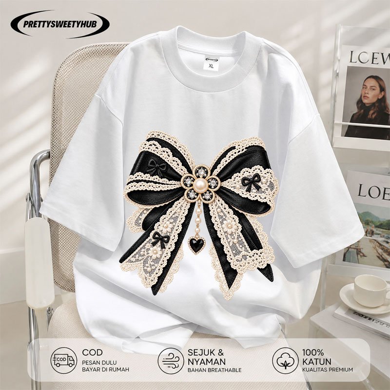 Pretty Sweety Hub - Kaos Oversize Wanita Lengan Pendek Atasan Wanita Motif Pita Renda Hitam Korean S