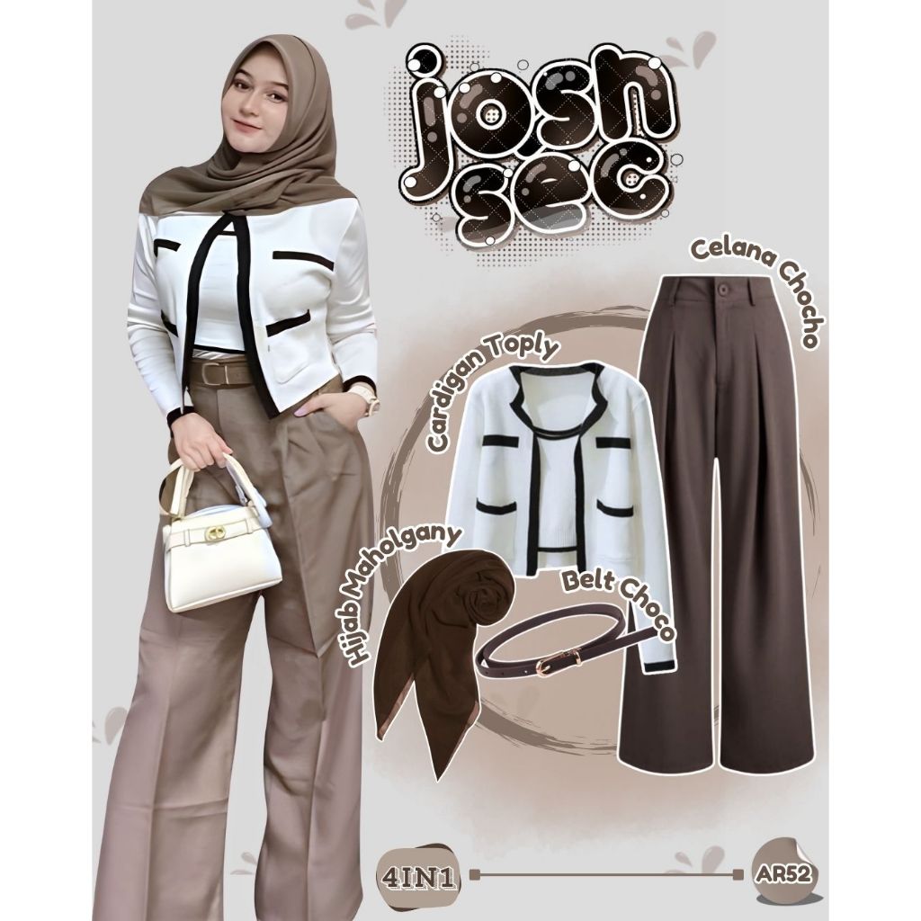 Setelan Wanita Kekinian (Cardigan Toply+Celana Chocho+Belt Choco+Hijab) Ootd Look Wanita Elegan-AR52