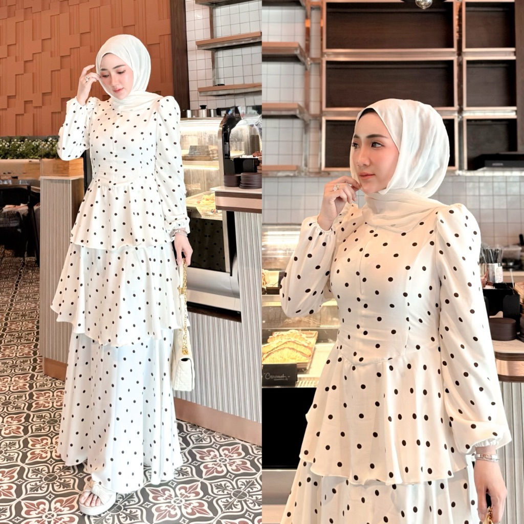 dress remaja muslimah kekinian style hijab ootd dress mewah susun 3 polka nada gisella