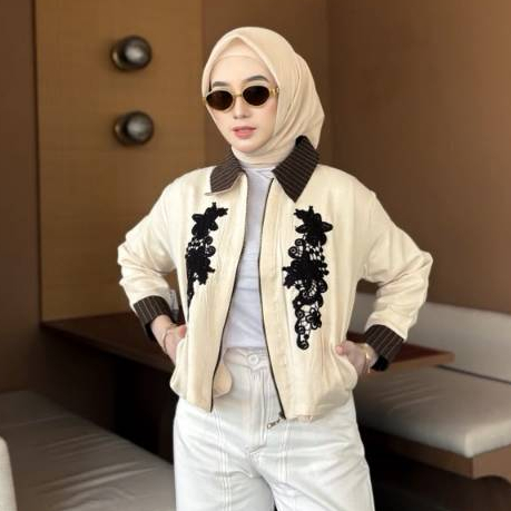 Ameena Jaket Twotone Full Ziper Semiwoll Bordir Bunga Wanita Jumbo