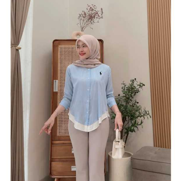 Kemeja Salur Wanita Terbaru Kemeja Korean Look Basic Casual Kemeja Kombinasi Wanita