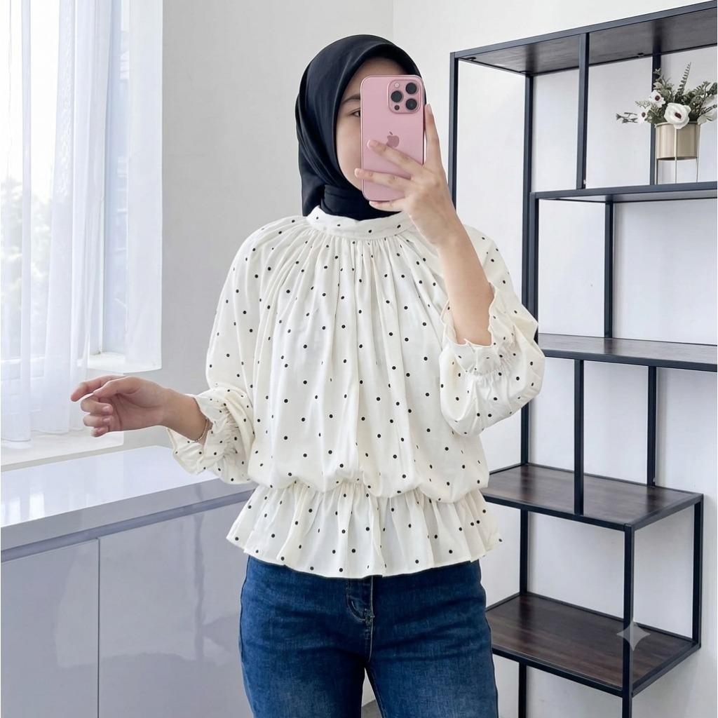 Blouse Wanita Rayon twill Kerah Tinggi Polka