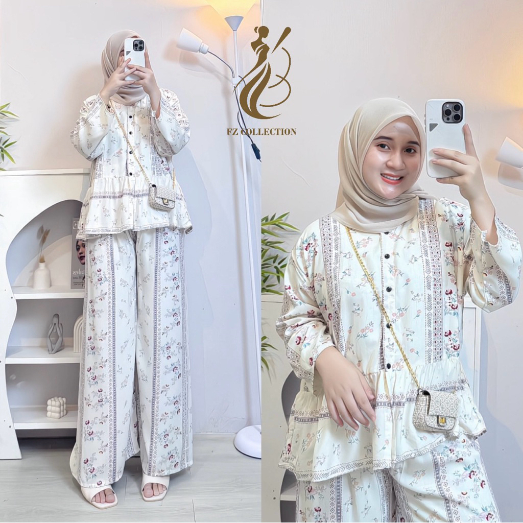 Setelan Rafella Crop Jumbo Rempel Rayon Motif Premium / Oneset Celana Kulot Kekinian Viral 2025