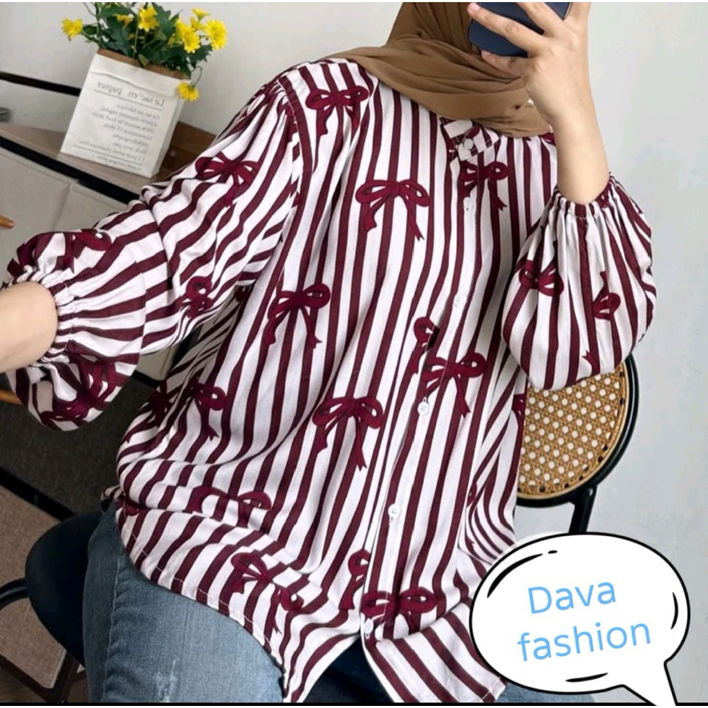 Atasan Kemeja Blouse Wanita LD 120  Oversize Motif Bunga Lengan Panjang Katun Rayon  Kerah Sanghai