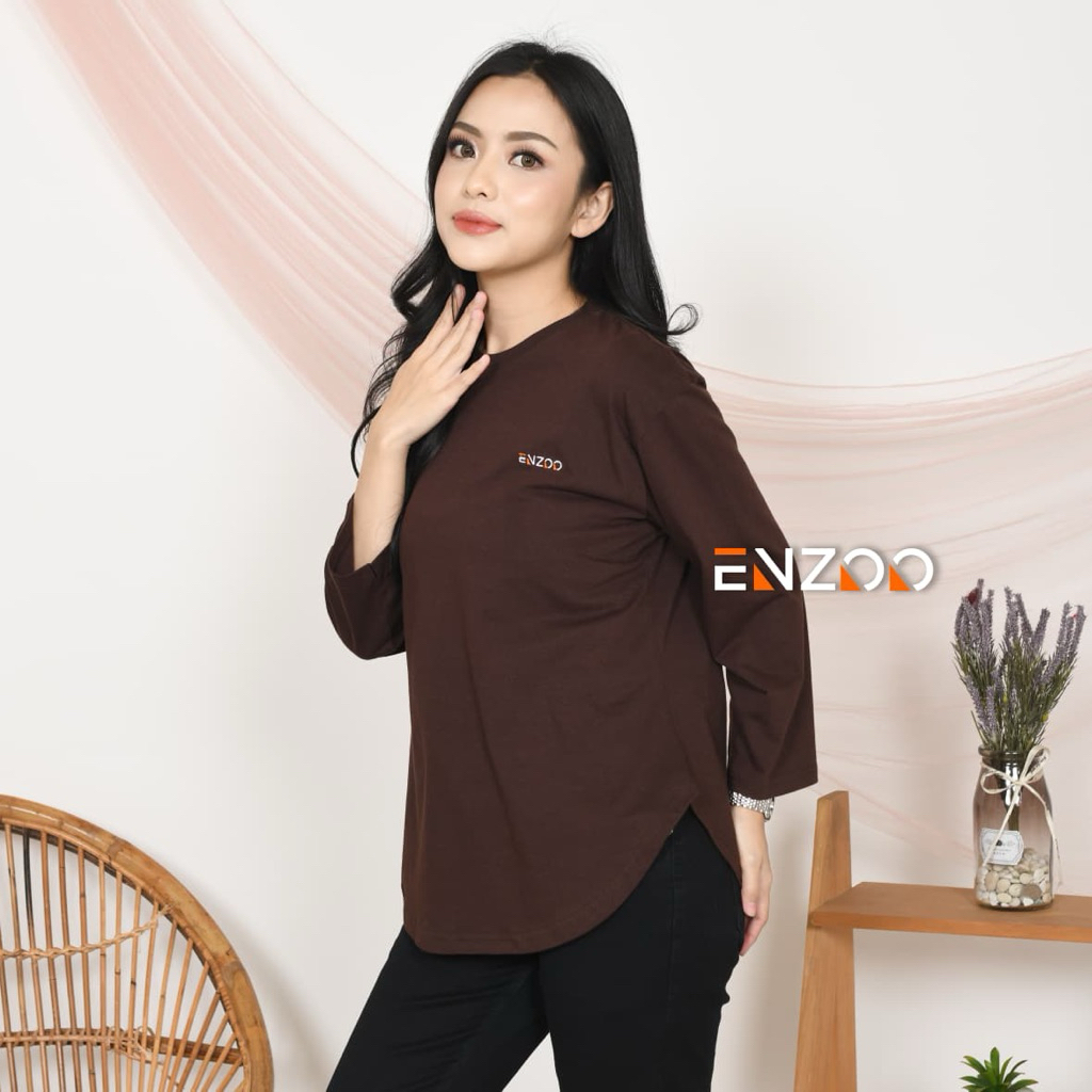 ENZOO Kaos Adem Katun Lembut Lengan 7/8 Oversize Polos Bordir Oval Harian Santai Wanita Korean Style