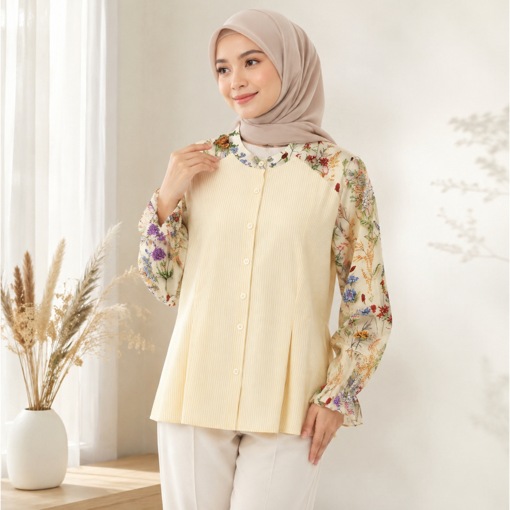 Ready Stock | CHICMORE Atasan Kemeja Wanita Elegan Kerah Bulat Lengan Panjang Motif Bunga Raglan | D