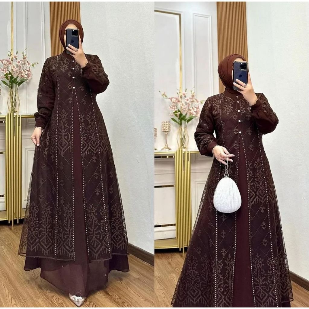 DENARA DRESS Gamis Muslim Brukat Wanita Mewah Matt Ceruty Babydol Mix Brukat Ful Puring Apk Swarosky