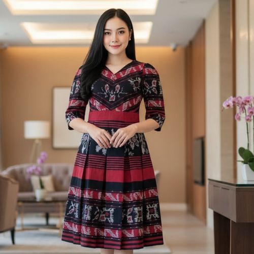 Setelan Tenun Batik Wanita Elegan Midi Dress  Outfit Socket Baju Elegan Modern Formal Formal