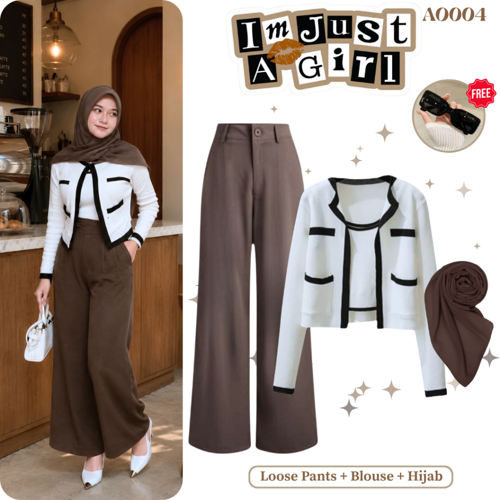 One Set Wanita 3in1 Atasan Cardigan Toply + Celana Kulot Loose Pants + Hijab Segi Empat Outfit Kanto