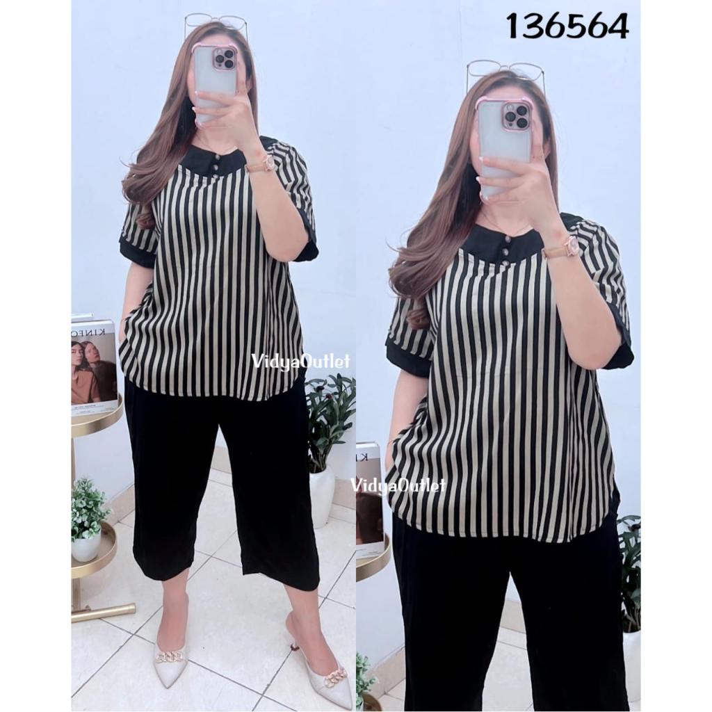 Setelan Katun Rayon Twill 136564 - Set Salur 7per8 - Saku Kiri Kanan - Pakaian Wanita