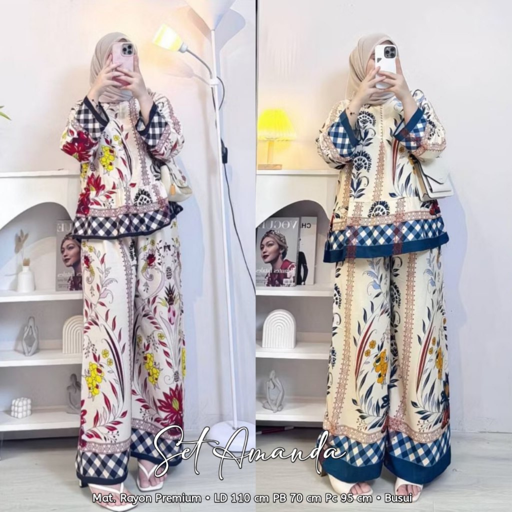 Amanda Set - Setelan Wanita Bahan Rayon Diamond Setelan Blouse Panjang Celana Kulot Panjang