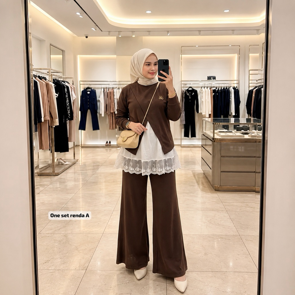 ONE SET RENDA / SETELAN BKK BAHAN KNIT MIX RENDA PREMIUM SETELAN CELANA CUTBRAY KOREAN LOOK