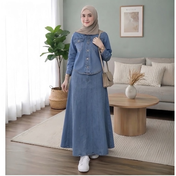 Zifana~Strada One Set Jeans Premium Setelan Kemeja  Full Kancing Aktif Rok Jeans Washed Terbaru