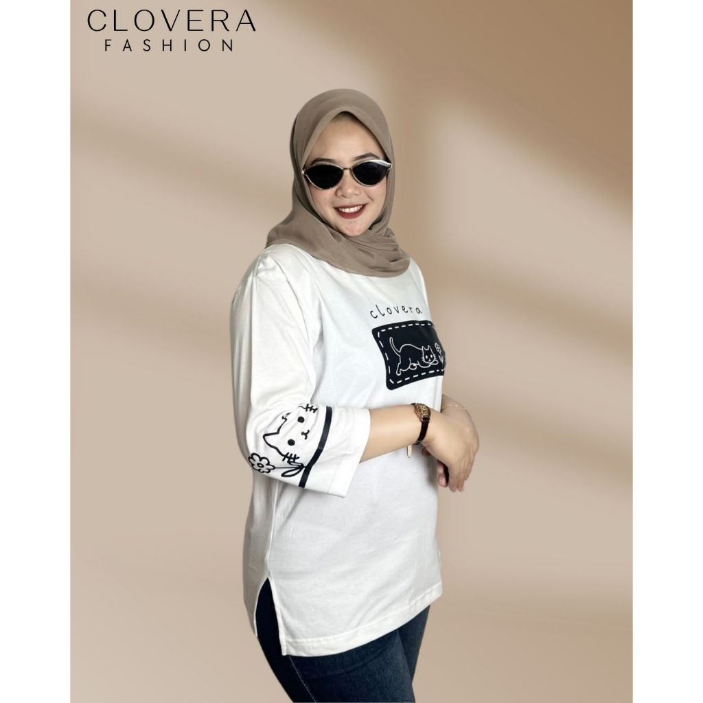 CLOVERA | Baju Atasan Wanita Terbaru Kaos Oversize Lengan 7/8 Cotton Combed 24s Bahan Adem dan tidak
