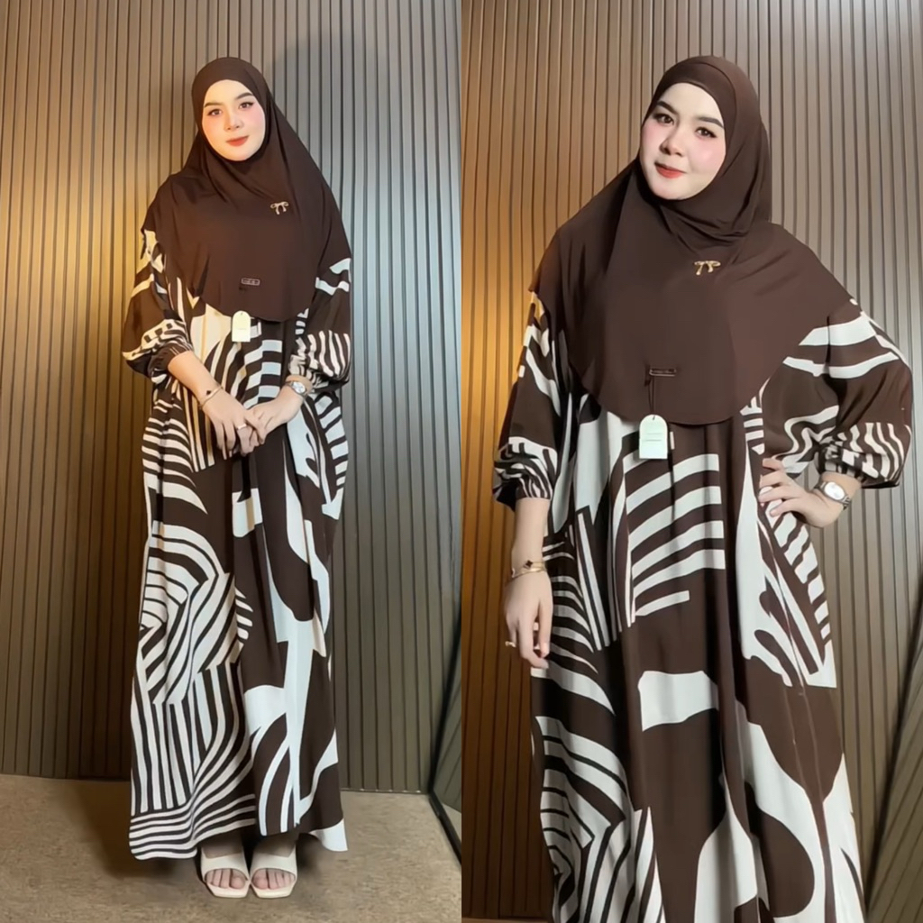AESHA Kaftan Gamis Panjang Motif Geometris Fahrani Hitam Putih Coklat Lengan Panjang Hijab Syar'i
