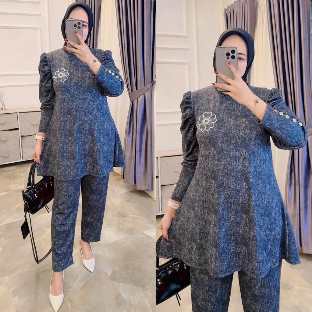 DIYA FASHION /0268 LAURA SETELAN WANITA DENIM KNIT CANTIK MURAH