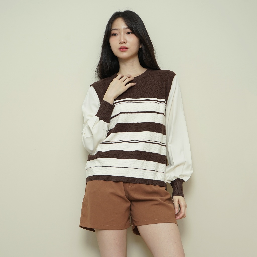 QUEENTIN Sweater Wanita Rajut 5733 Chevron Knit Stripe Kombinasi Sifon Lengan Panjang