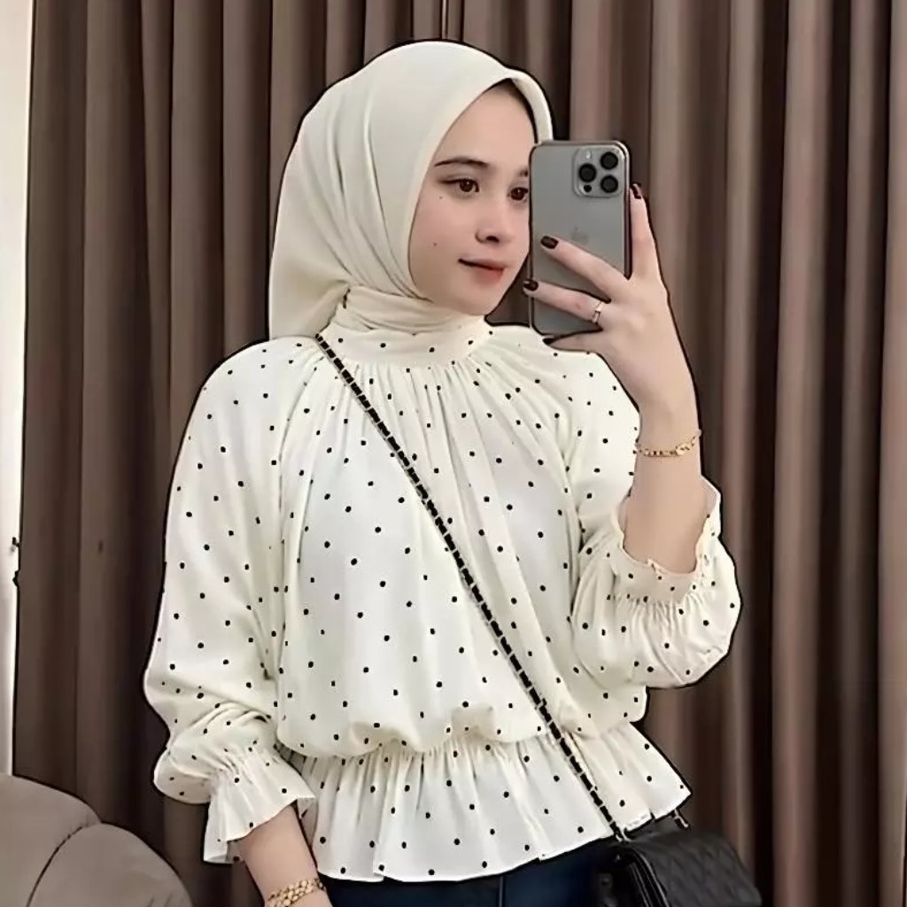 Olshop Mugfa Kemeja Blouse Wanita Motif Polkadot Rayon Atasan Casual