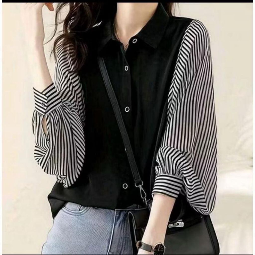 kemeja wanita laila kombinasi Rayon twill salur kain garis cantik tangan panjang nyaman blouse & kem