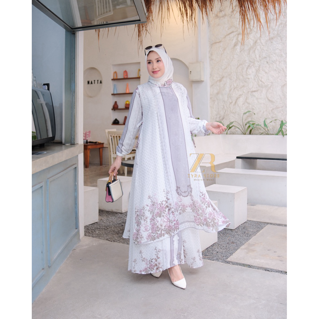 Larissa 2in1 Gamis Outer Ceruty Babydoll Printing Terbaru Gamis Wanita Remaja Kekinian Dress Kondang