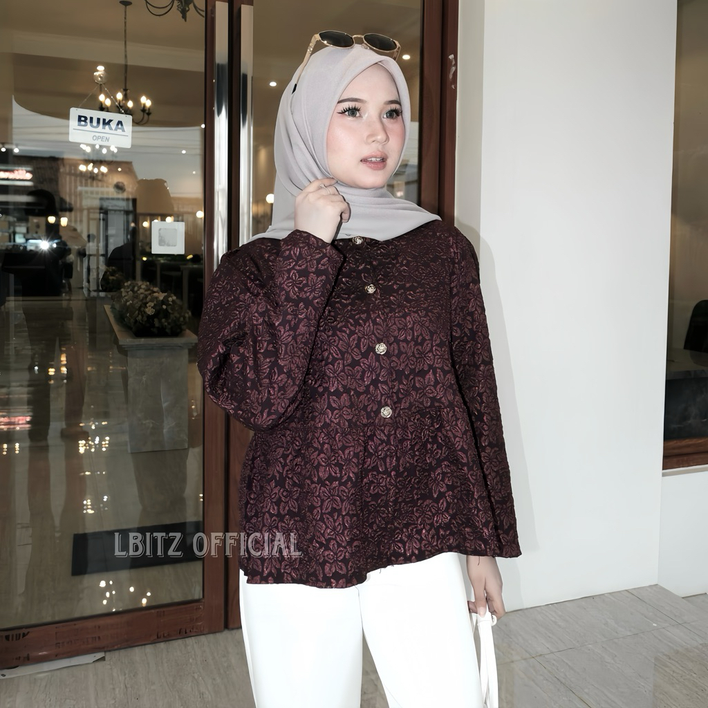 LBITZ- Kiana Blouse Flower Blouse Jacquard Atasan Peplum Lengan Panjang Baju Blouse Lebaran Korean L