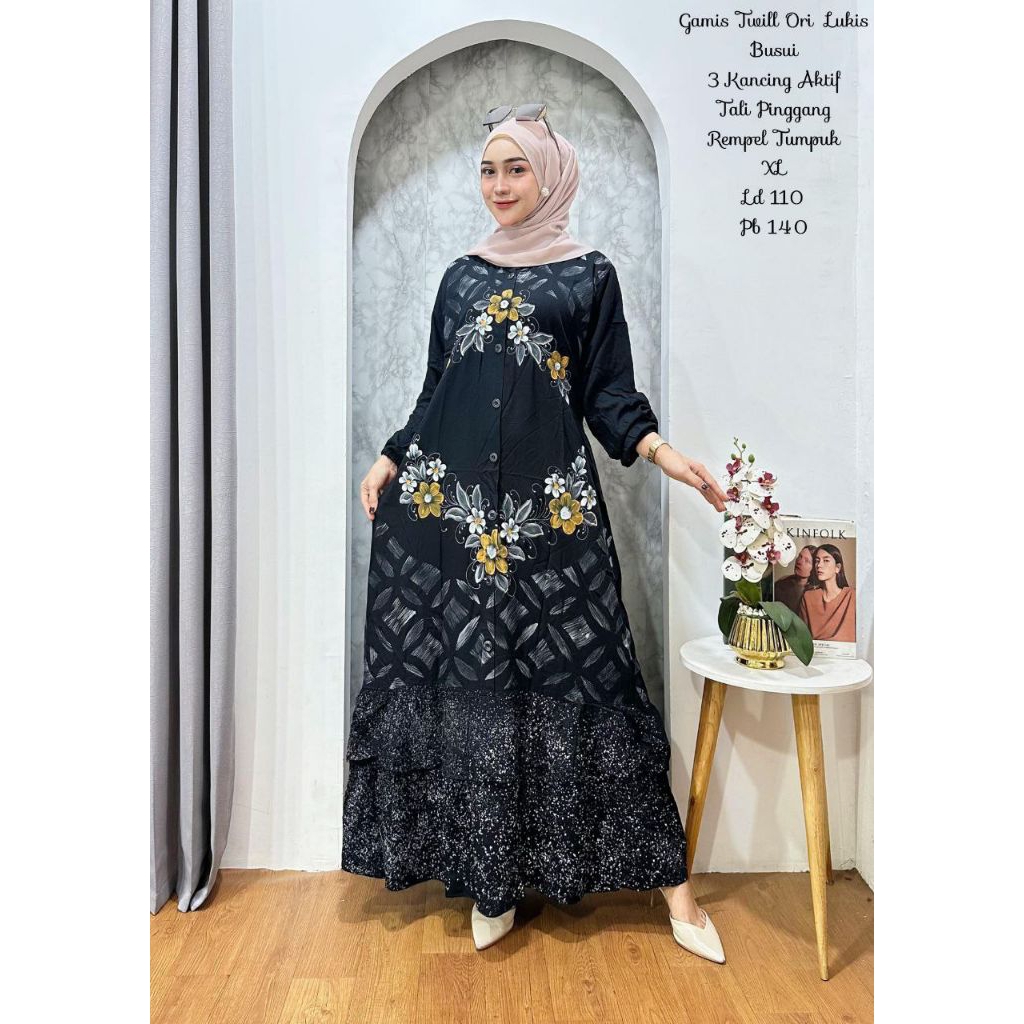 gamis twill ori terbaru motif lukis kancing busui klok kekinian super premium malaman