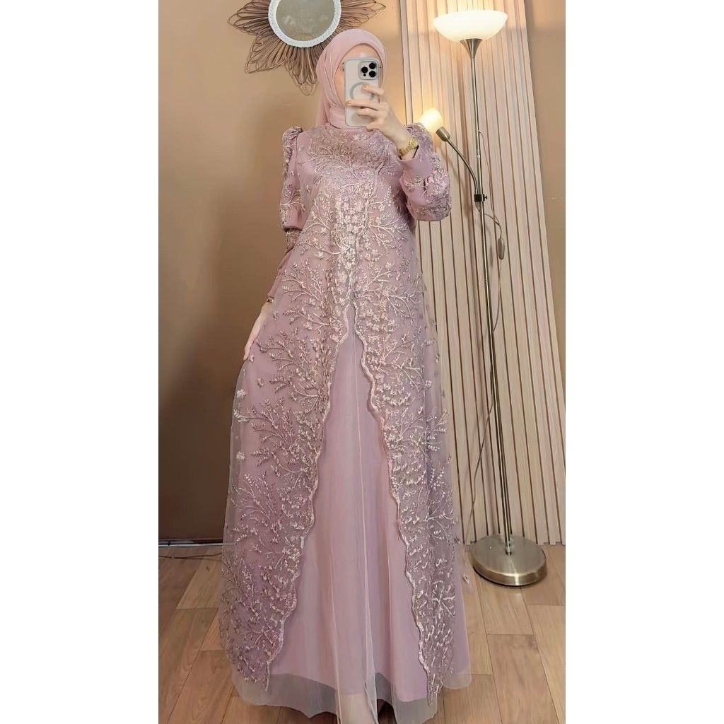 Karina Dress Burkat Mix Tile Dress Pesta Mewah Elegan Bahan Berkualitas Zipper Bagian Belakang Outer