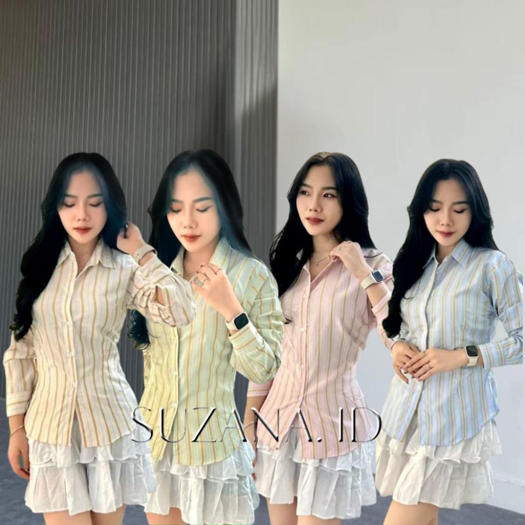 Sella Shirt Kemeja Wanita Kekinian Model Stripe Bahan Adem | Kemeja kerja wanita Pinggang Karet | At
