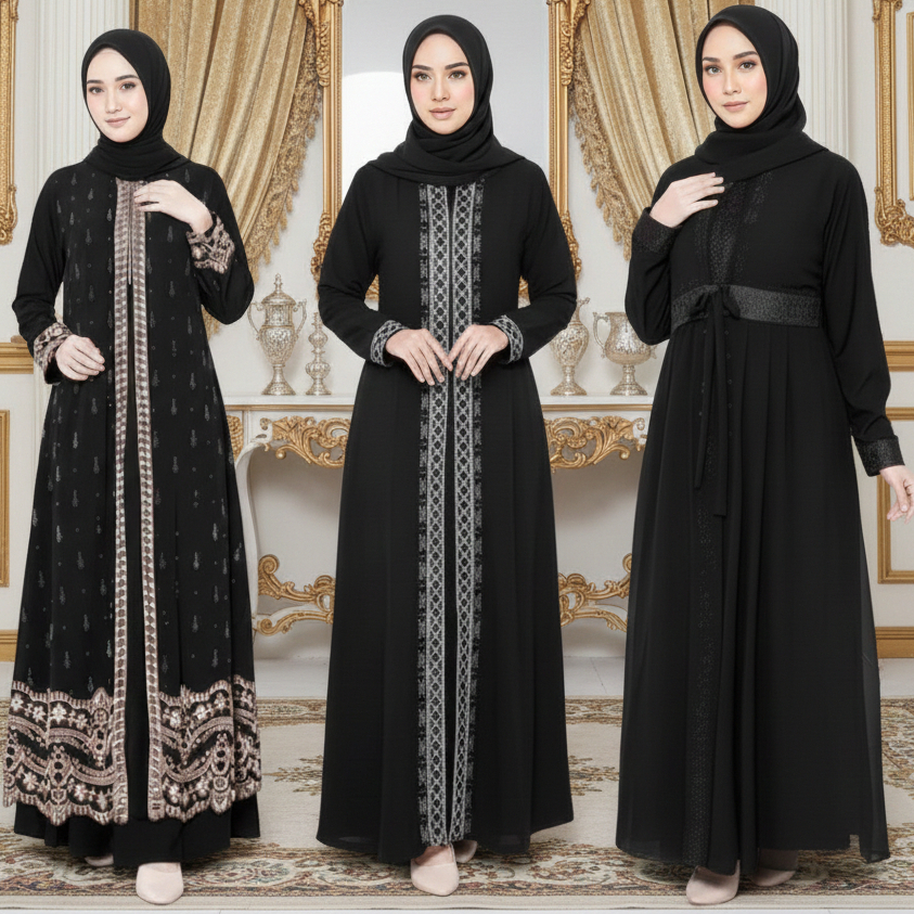 Gamis Abaya Lebaran 2026 Umroh Dress Busui Friendly Pesta Hitam Mix Ceruty Mewah Model Terbaru Haji