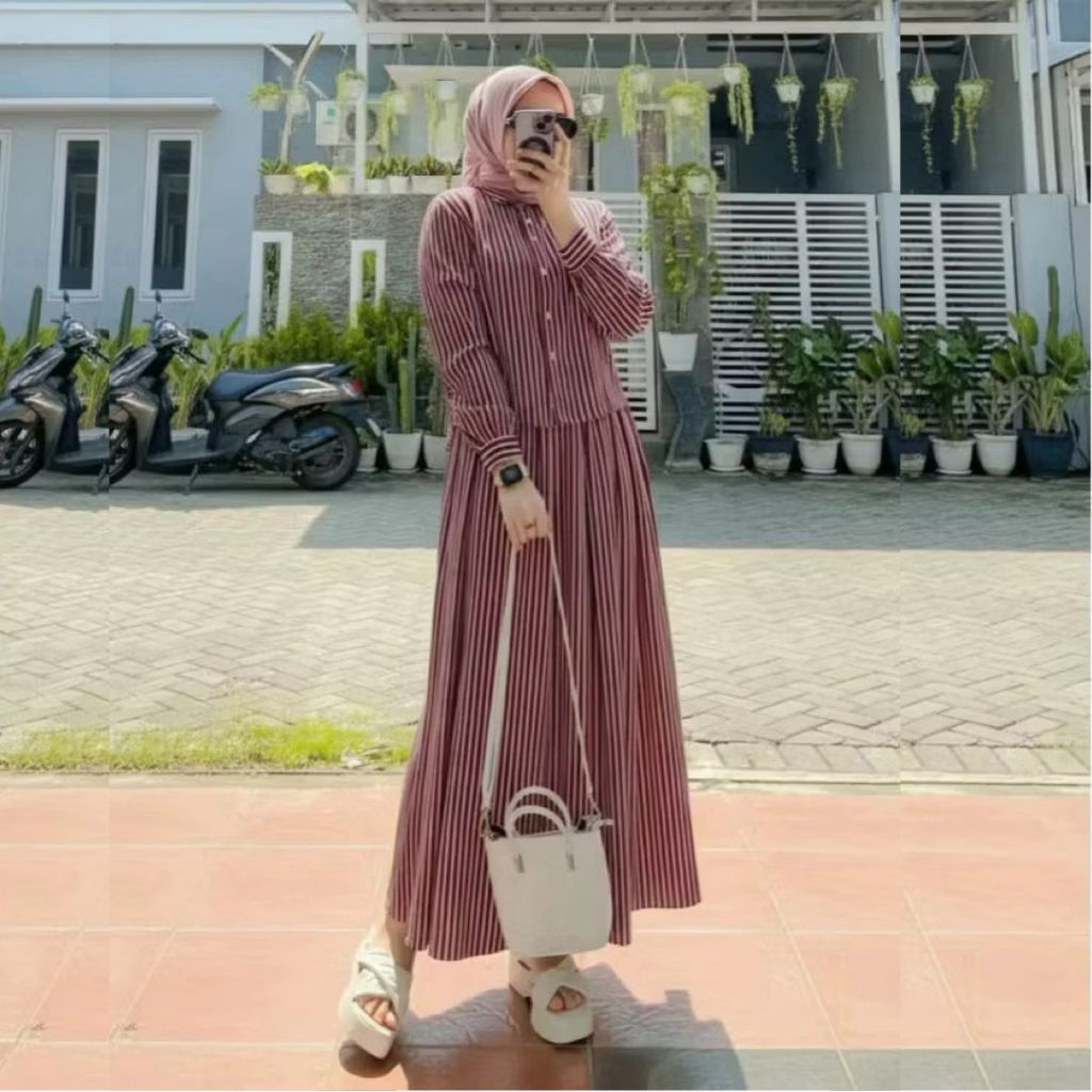 One Set Sheila - Setelan Wanita Kemeja Rok Bahan Katun Premium Salur Nyaman