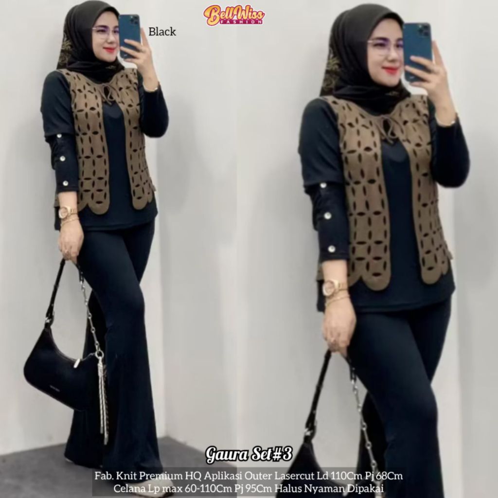 Terbaru Gaura Set#3 Knit Premium HQ Aplikasi Outer Lasercut Setelan Wanita Baju Dan Celana Keren Tre