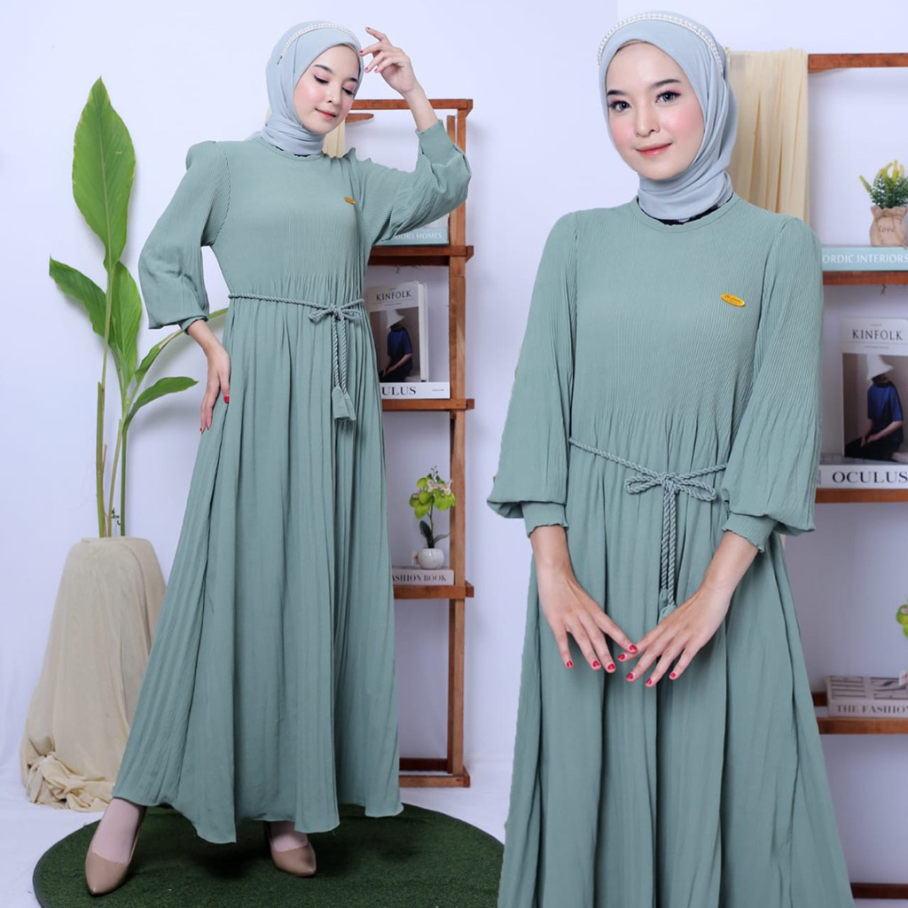 Gamis Plisket Premium Aksen Tali Ikat Pinggang | Aleva Premium | Dress Plisket Lebaran Mewah