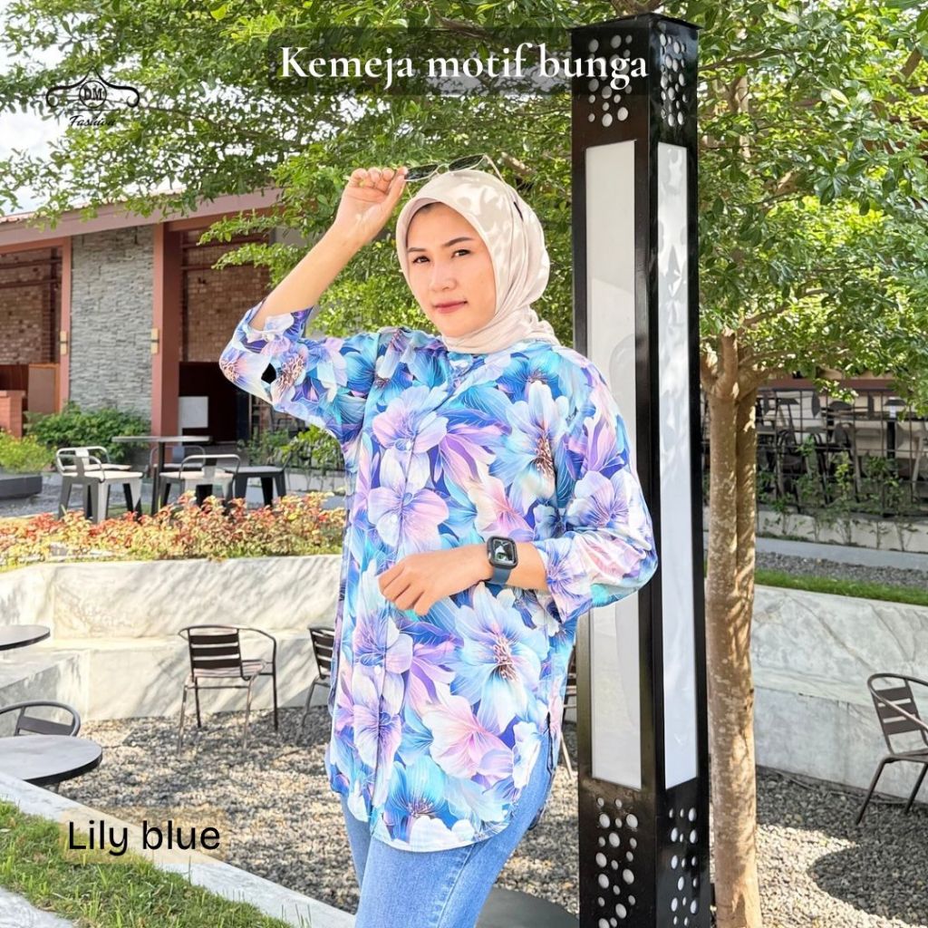 DM_Fashion Kemeja Rayon Motif Bunga Dahlia Rose Blue Atasan Wanita Bahan Nyaman Tampilan Elegan dan