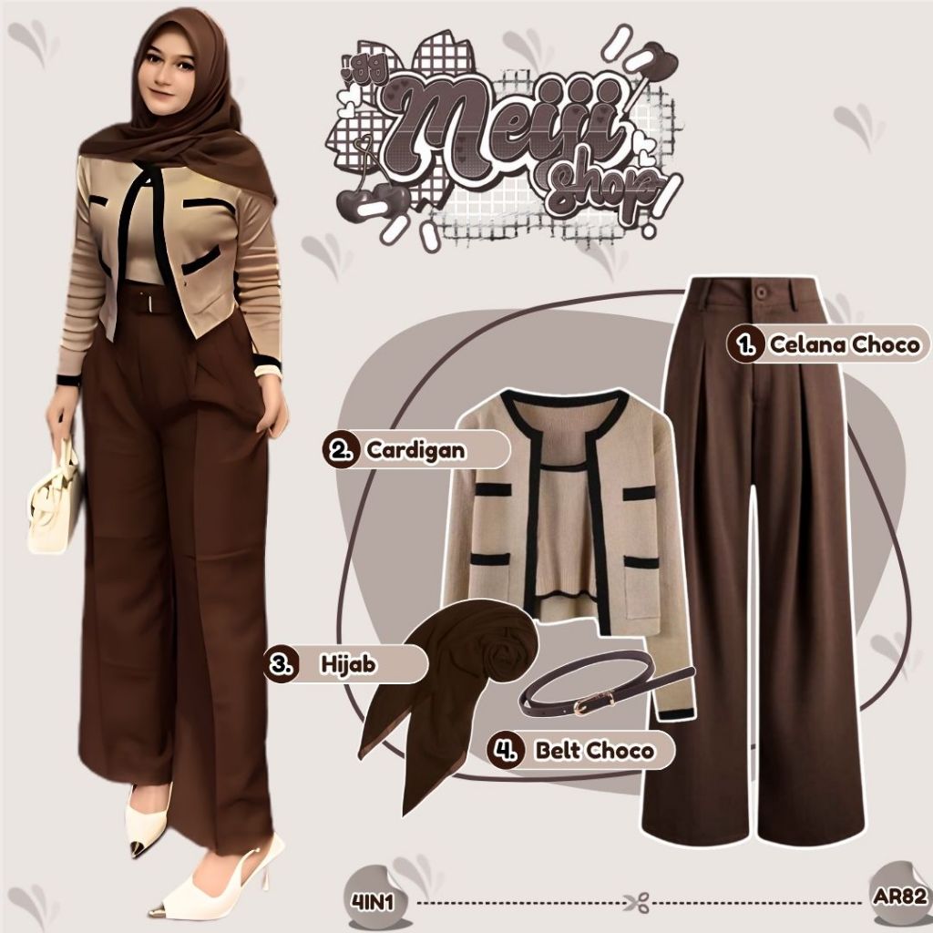 Outfit Hijab Korean Style (Cardigan Toply+Celana Knit+Hijab+Belt Choco) Ootd 4In1 Look Kantoran-AR82