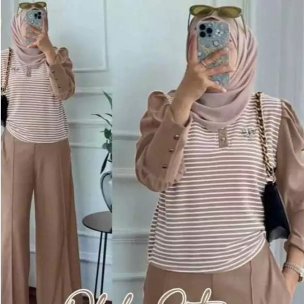 SETELAN WANITA TERBARU OLILA ONE SET MOTIF SALUR BAHAN KATUN PREMUIM MODEL KANCING