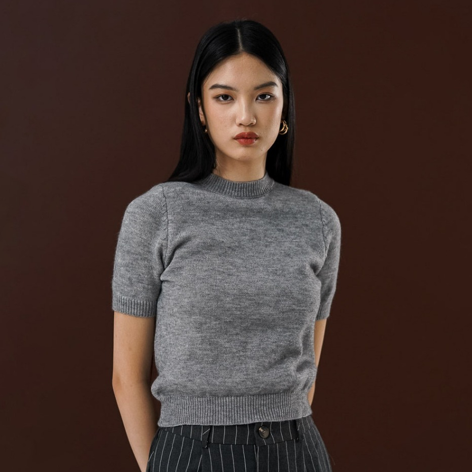 This Is April Baju Atasan Rajut Wanita Kekinian Lengan Pendek Basic Knitwear Livy Top Brown dan Grey