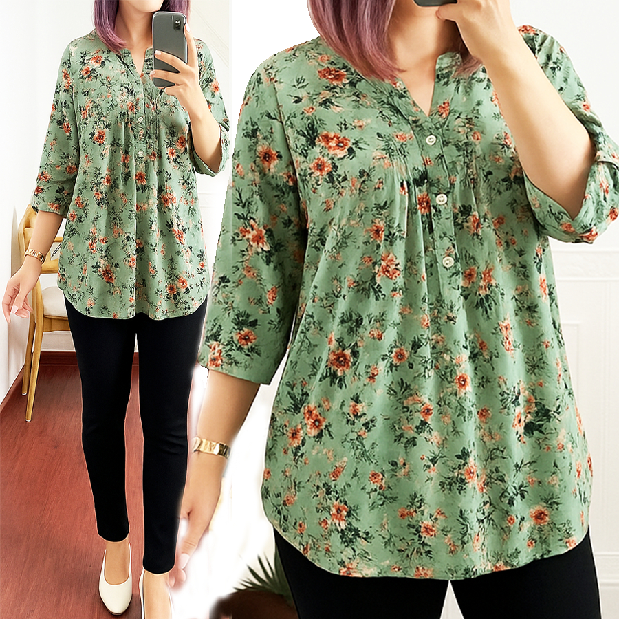 kemeja wanita jumbo rayon motif bunga lengan panjang 7/8 model terbaru